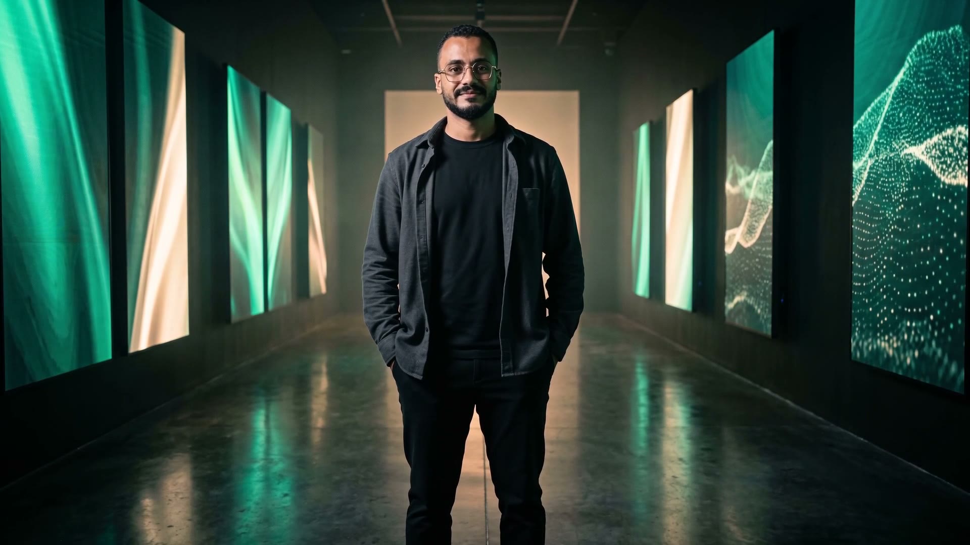 Diaa standing in a dark gallery lined with glowing screens, hands in his pockets